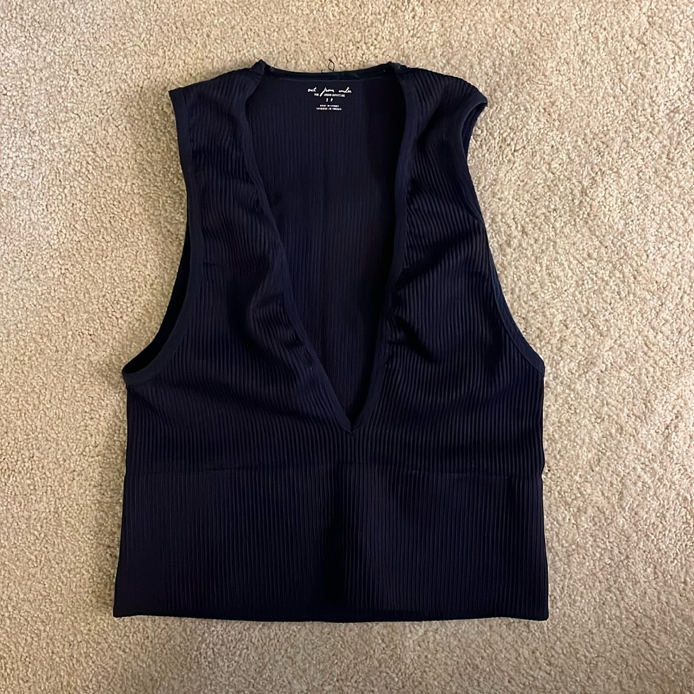 Navy Deep V-Neck Ribbed Crop Tank